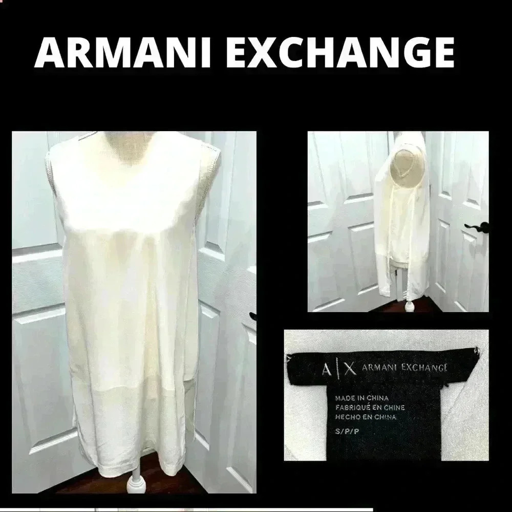 Armani Exchange, long line, split sides, offwhite, lined sleeveless v-neck shirt